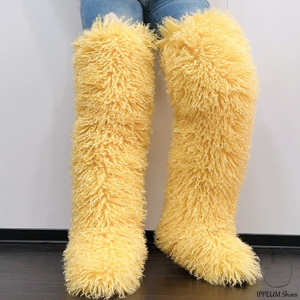 IPPEUM Yellow Mongolian Fur Boots 72CM Thigh High Boots Shoes Winter Plus Size 46