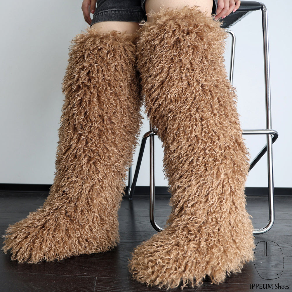 IPPEUM Brown Mocka Mongolian Fur Boots 72CM Thigh High Boots Shoes Winter Plus Size 46