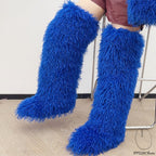 IPPEUM Blue Mongolian Fur Boots 72CM Thigh High Boots Shoes Winter Plus Size 46