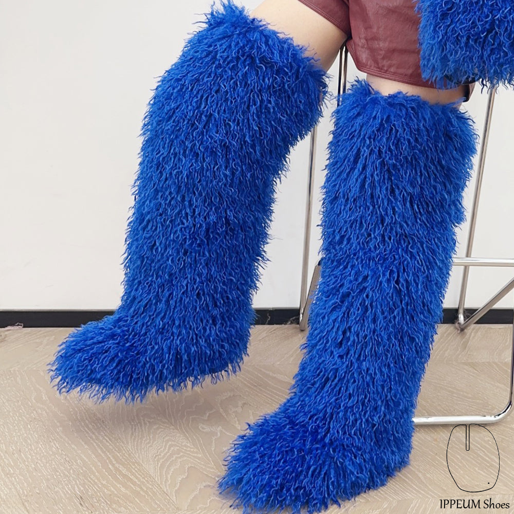 IPPEUM Blue Mongolian Fur Boots 72CM Thigh High Boots Shoes Winter Plus Size 46