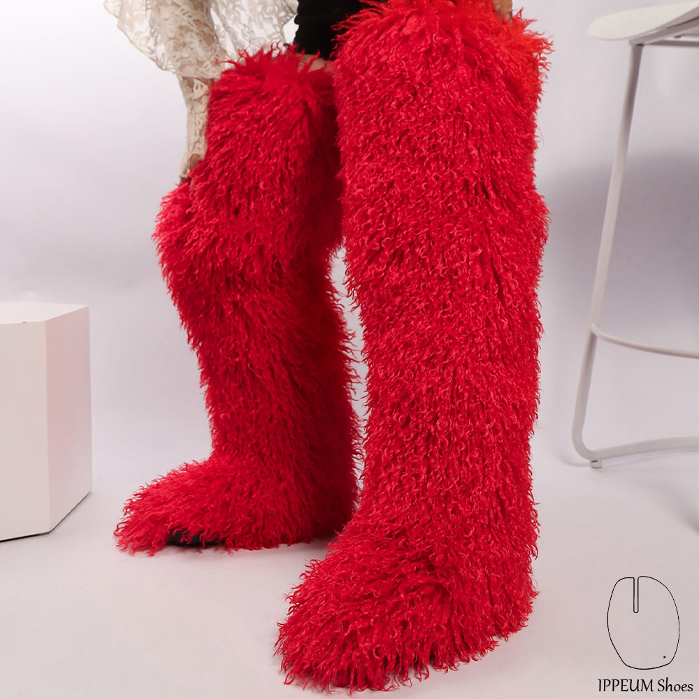 IPPEUM Red Mongolian Fur Boots 72CM Thigh High Boots Shoes Winter Plus Size 46