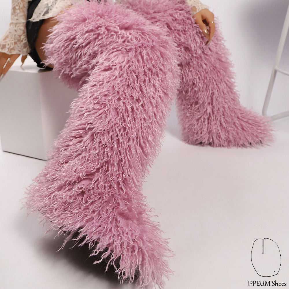 IPPEUM Purple Mongolian Fur Boots 72CM Thigh High Boots Shoes Winter Plus Size 46