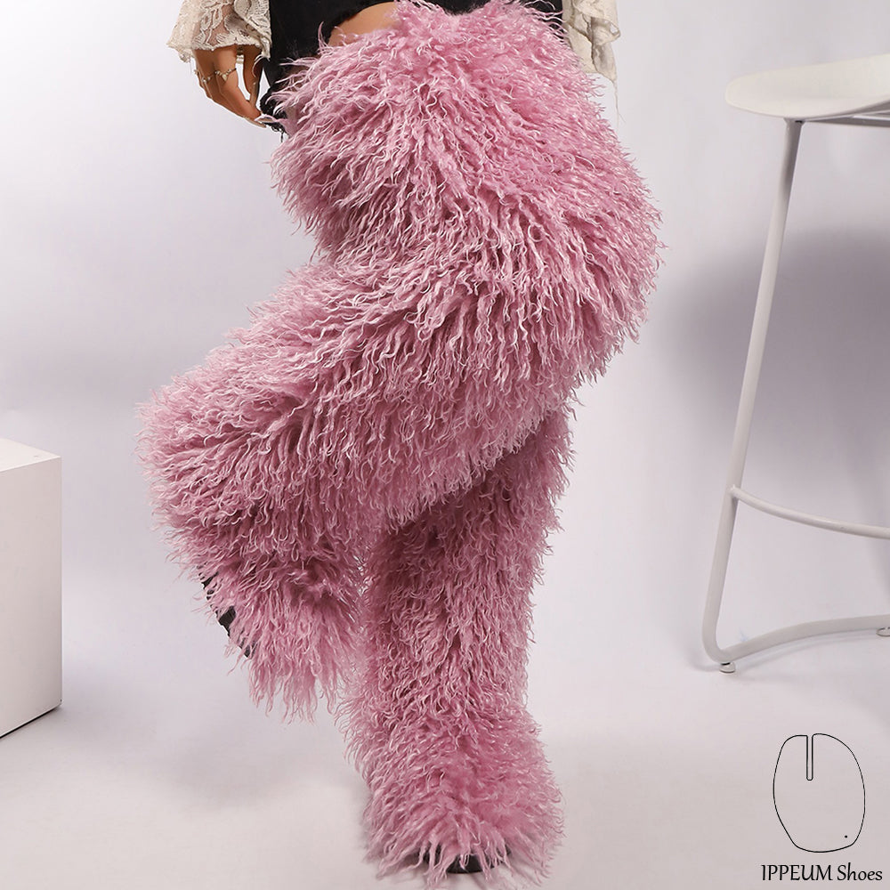 IPPEUM Purple Mongolian Fur Boots 72CM Thigh High Boots Shoes Winter Plus Size 46