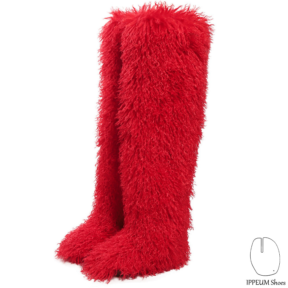 IPPEUM Red Mongolian Fur Boots 72CM Thigh High Boots Shoes Winter Plus Size 46