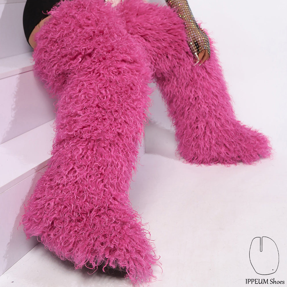 IPPEUM Rosered Mongolian Fur Boots 72CM Thigh High Boots Shoes Winter Plus Size 46