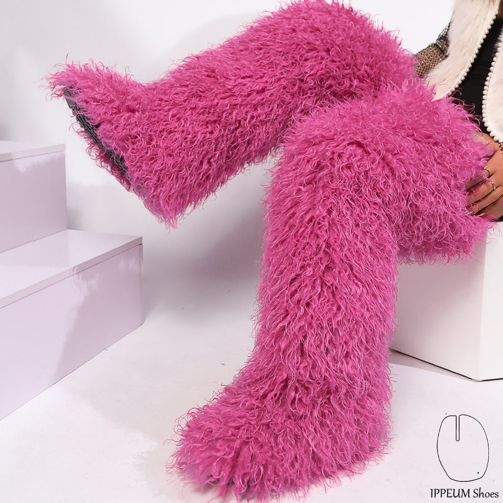 IPPEUM Rosered Mongolian Fur Boots 72CM Thigh High Boots Shoes Winter Plus Size 46