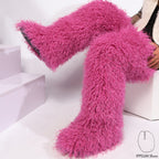 IPPEUM Rosered Mongolian Fur Boots 72CM Thigh High Boots Shoes Winter Plus Size 46