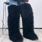 IPPEUM Black Mongolian Fur Boots 72CM Thigh High Boots Shoes Winter Plus Size 46