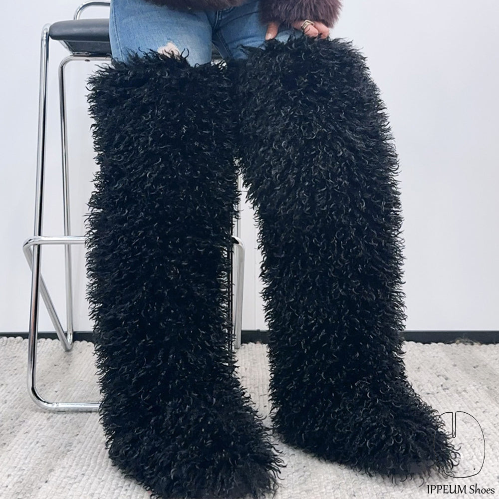 IPPEUM Black Mongolian Fur Boots 72CM Thigh High Boots Shoes Winter Plus Size 46