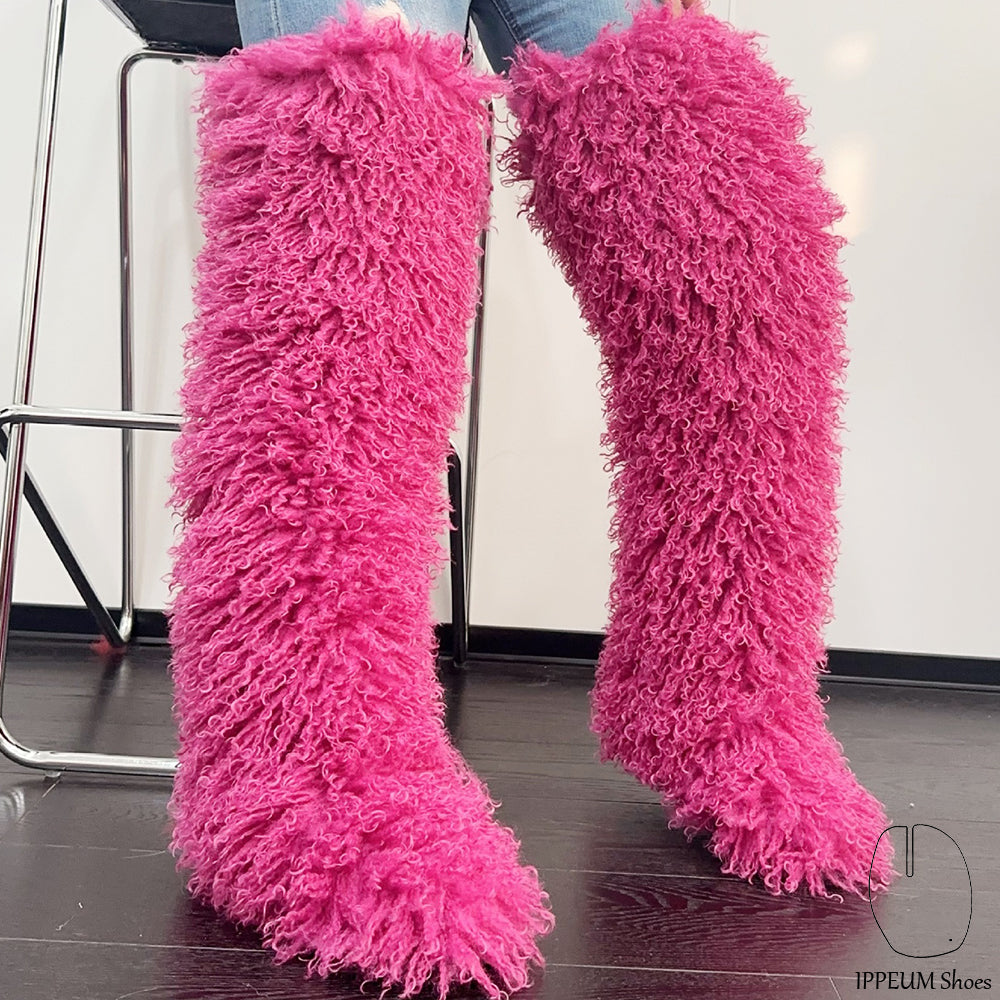 IPPEUM Rosered Mongolian Fur Boots 72CM Thigh High Boots Shoes Winter Plus Size 46