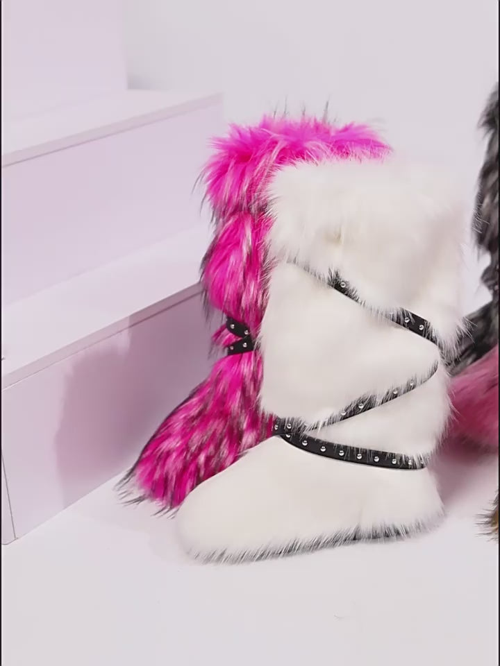 IPPEUM Fur Boots Knee High Shoes Red Winter