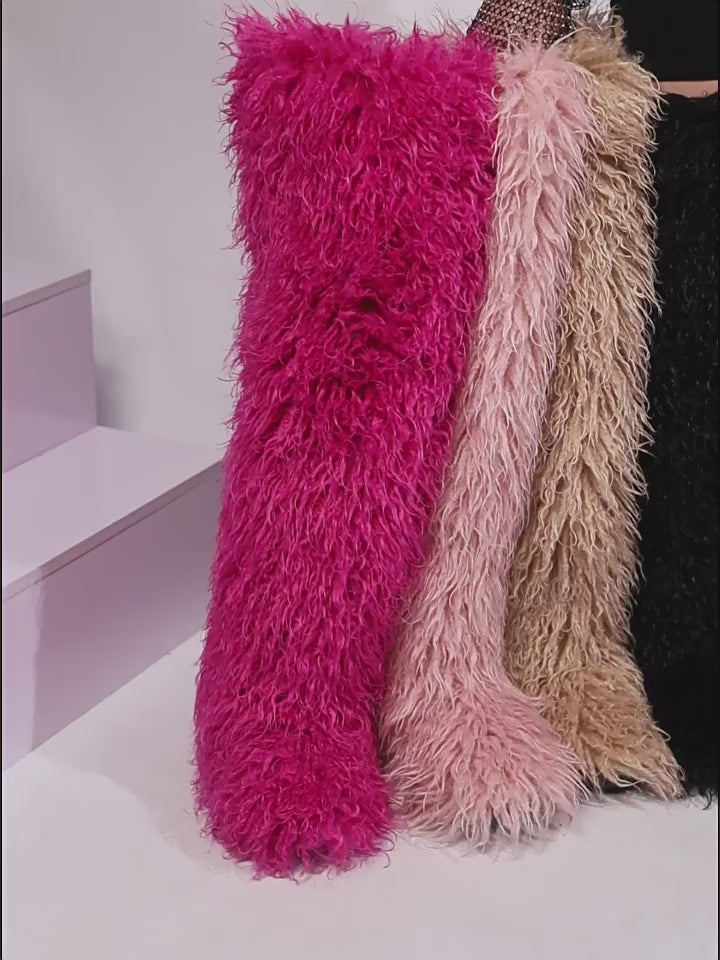 IPPEUM Fur Boots Knee High Shoes Winter Plus Size 46