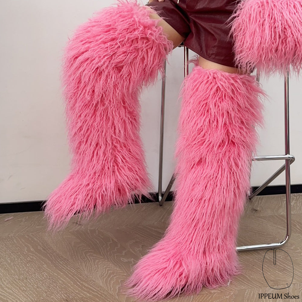 IPPEUM Pink Mongolian Fur Boots 72CM Thigh High Boots Shoes Winter Plus Size 46