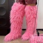 IPPEUM Pink Mongolian Fur Boots 72CM Thigh High Boots Shoes Winter Plus Size 46