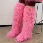 IPPEUM Pink Mongolian Fur Boots 72CM Thigh High Boots Shoes Winter Plus Size 46