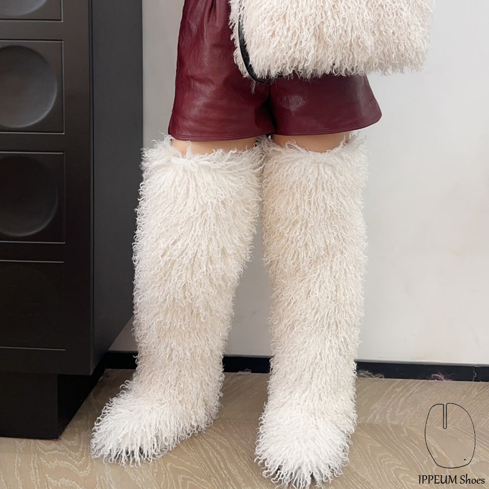 IPPEUM White Mongolian Fur Boots 72CM Thigh High Boots Shoes Winter Plus Size 46
